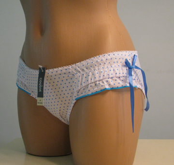 Front view of blue polka dot panties.