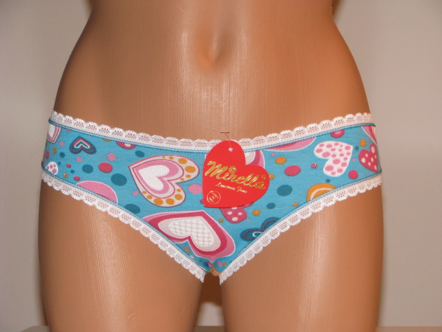 Front view of blue heart pattern panty with lace trim.
