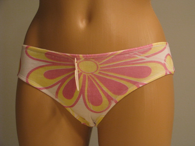 Front view of pink and yellow flowers panties.